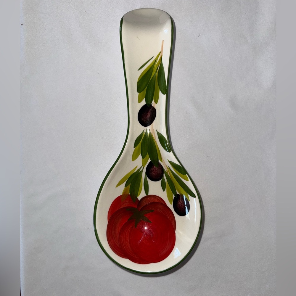 NWOT Hand Painted Ceramic Spoon Rest- Made in Italy -Tomato & Olive Design